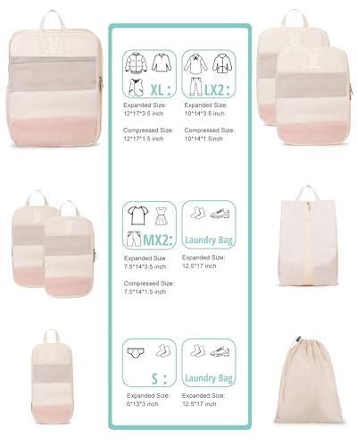 6/8 Set Space Saving Compression Packing Cubes Lightweight Packing Cube - color: Beige, size: 6 Pcs(XL,L,M*2,S,laundry bag)