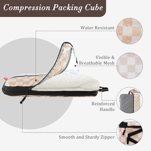 U+U 4 Set Compression Packing Cubes, Travel Organizers (Khaki Checkered) - color: Khaki Checkered, size: 4 Set