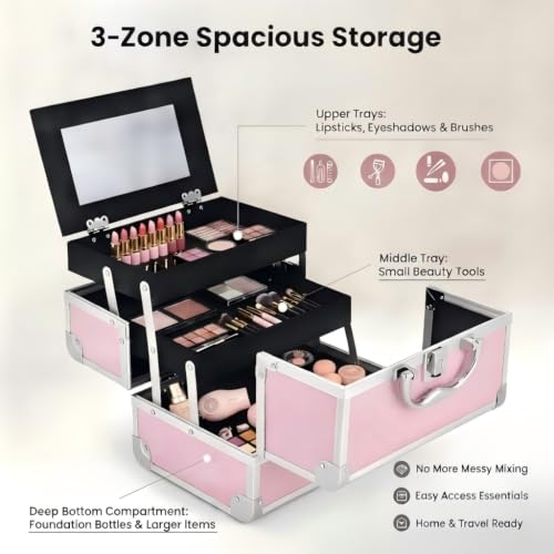 Aluminum Makeup Case with Mirror & Lock, 3‑Tray Cosmetic Organizer, Pink