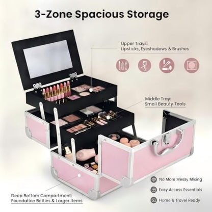Aluminum Makeup Case with Mirror & Lock, 3‑Tray Cosmetic Organizer, Pink