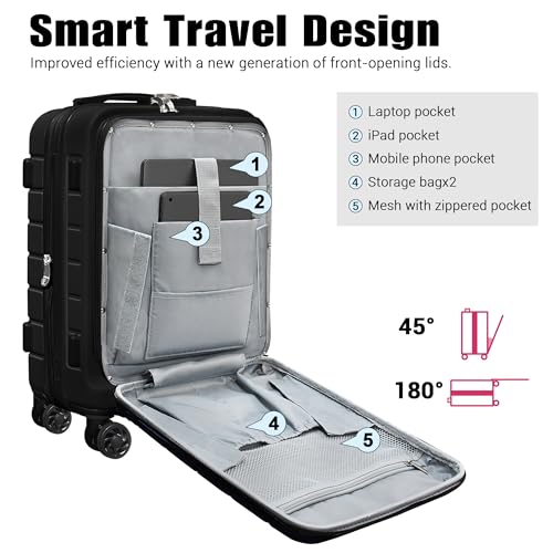 Keytang Classic Lightweight Hardside Expandable Spinner Wheels Luggage Suitcase W/TSA Lock 3-Piece Set with Backpack and Cosmetic Makeup Bag (5 Piece Set,Black) - color: Black, size: 777-5PCS (Front Open)