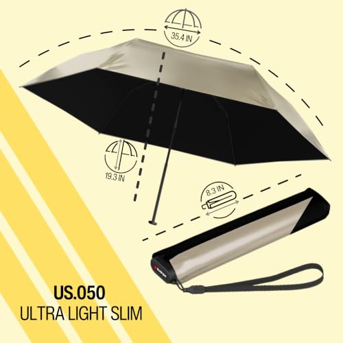 Knirps US.050 Ultra Light Pocket Size Manual Rain Umbrella with Carrying Case - color: Metallic with Black Heat Shield