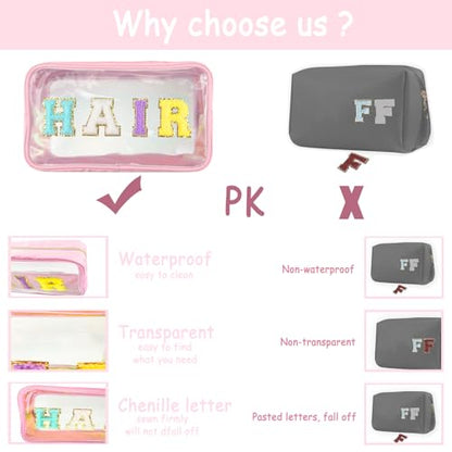 Bunliuys Chenille Letter Clear Makeup Bag Stuff Patch, Travel Toiletry Makeup Bag with Handle, Nylon Waterproof Makeup Bags clear cosmetic bag, preppy patch makeup bag for Women (STUFF-Pink) - color: Pink3