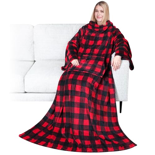 PAVILIA Blanket with Sleeves for Adult Women Men, Soft Warm Wearable Blanket Fleece Wrap Throw, Robe Blanket Gift - color: Checkered Red