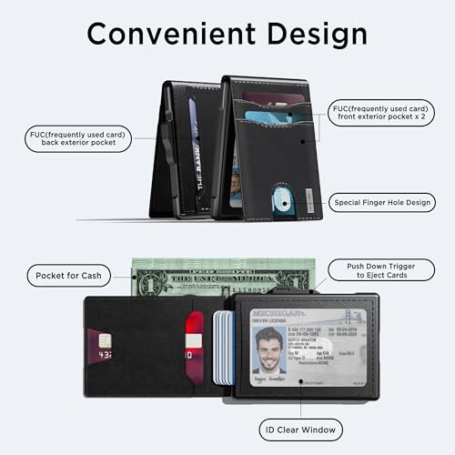 Wallet for Men, Minimalist Leather RFID Blocking Bifold Wallet, Cash Slot - color: Dark black