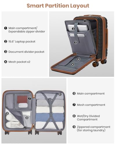 Kono Carry On luggage Airline Approved 20 Inch Apricot Black - color: Apricot Black, size: Carry-on 20-inch