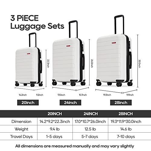 GinzaTravel 3-Piece White ABS Hardside Luggage Set 20"/24"/28" Suitcases - color: White
