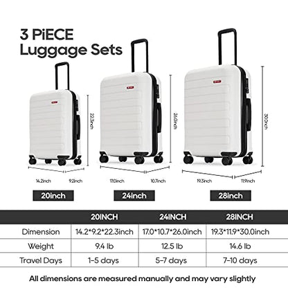 GinzaTravel 3-Piece White ABS Hardside Luggage Set 20"/24"/28" Suitcases - color: White