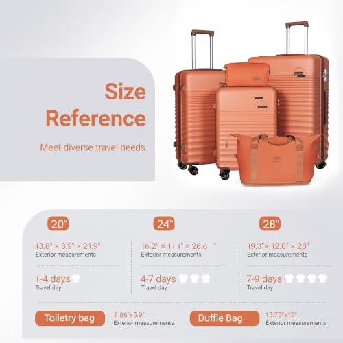 CONCEPTEN Luggage Sets 5 Piece, ABS+PC Hardshell Suitcases with Wheels - color: Tangerine, size: 5 Piece Sets (20/24/28/Db/Tb)