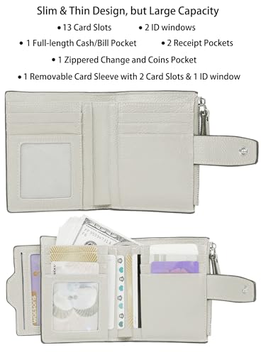 Women's RFID Blocking Leather Small Compact Bi-fold Zipper Pocket Wallet Card Case Purse with id Window - color: Lichee Grayish White