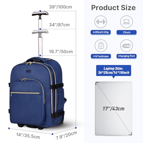 DEVPNR Rolling Backpack for Women, Travel Backpack with Wheels - color: Dark Blue