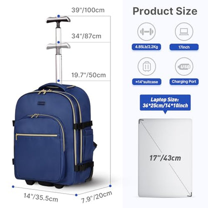 DEVPNR Rolling Backpack for Women, Travel Backpack with Wheels - color: Dark Blue