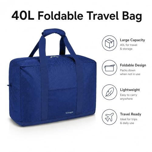 Foldable Travel Duffle Bag with Trolley Sleeve 40L Travel Bag - color: Blue