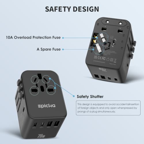 Epicka 70W GaN PD Universal Travel Adapter, 3USB-C/2USB-A - style: 70W-5USB(3 USB-C) Black
