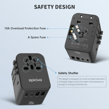 Epicka 70W GaN PD Universal Travel Adapter, 3USB-C/2USB-A - style: 70W-5USB(3 USB-C) Black