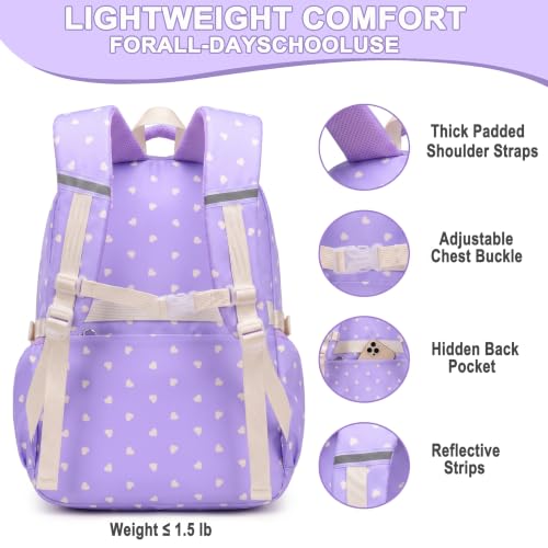 Girls Backpack Set 3PCS Ages 6-12, Kids School Backpack - color: Purple Heart
