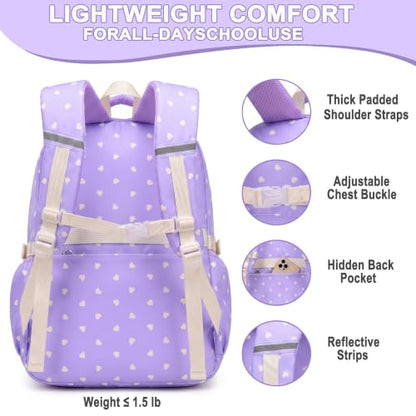 Girls Backpack Set 3PCS Ages 6-12, Kids School Backpack - color: Purple Heart