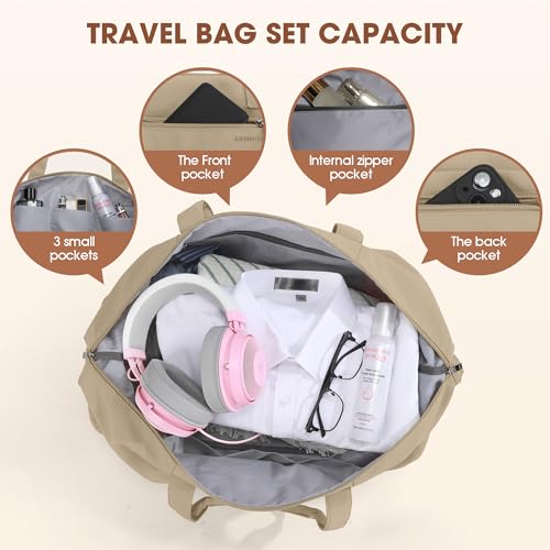 Women's Weekender bag Travel Duffel Bag with Shoe Compartment 21-inch Airline-Approved Carry-On, 2-Piece Overnight Bag Set Personal Item Luggage - color: 1-Khaki