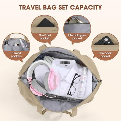 Women's Weekender bag Travel Duffel Bag with Shoe Compartment 21-inch Airline-Approved Carry-On, 2-Piece Overnight Bag Set Personal Item Luggage - color: 1-Khaki