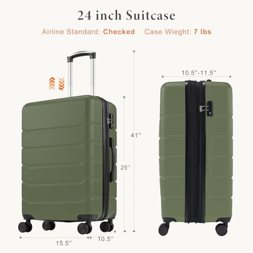 NEWBULIG 24 Inch Checked Luggage, Expandable Suitcase with Spinner Wheels - color: Green, size: 24 Inch