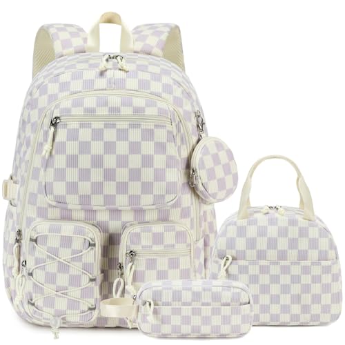 PiPiCat Backpack for Girls 4 in 1 Back to School Bookbag - color: K2 Checkered Purple