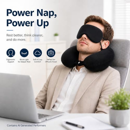 RAINFLOW Travel Neck Pillow Set - Black Memory Foam Cushion with Eye Mask - color: Black