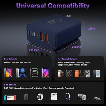 USB C 고속 벽 충전기 블록, 60W USBC 충전 큐브 2팩, 5포트 PD+QC 전원 어댑터 멀티포트 브릭 타입 C 박스 플러그 휴대폰 17/16/15/14/13/12/11/프로 맥스/플러스, 패드 미니/프로/S25/S24-딥 블루 - color: 딥 블루-2팩