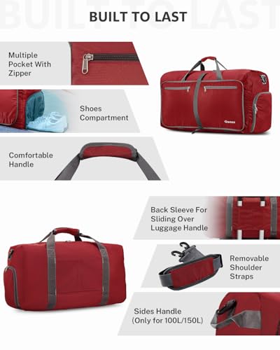 Gonex 60L Foldable Travel Duffle Bag with Shoe Compartment, Lightweight - color: Red, size: 60L