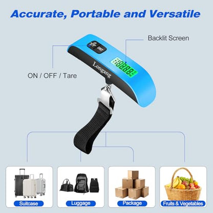 Digital Hanging Luggage Scale with Backlit for Travel, Portable Handheld Suitcase Weight Scale with Hook, 110 Pounds, Battery Included - color: Blue