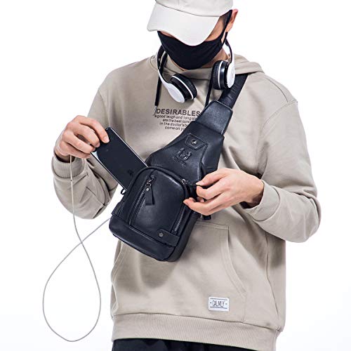 BULLCAPTAIN Genuine Leather Sling Bag for Men XB-129 | USB Charging Port, Multi-pocket, Chest Bag, Hiking Travel Daypack - color: Magic Black