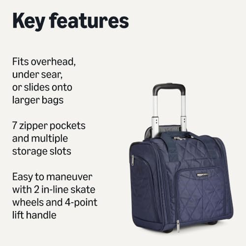Amazon Basics Underseat Carry-On Luggage with Wheels, 14" Rolling Travel Bag, Fits Under the Seat with Multiple Pockets and Compartments, Navy Quilted - color: Navy Quilted