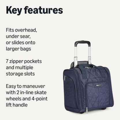 Amazon Basics Underseat Carry-On Luggage with Wheels, 14" Rolling Travel Bag, Fits Under the Seat with Multiple Pockets and Compartments, Navy Quilted - color: Navy Quilted