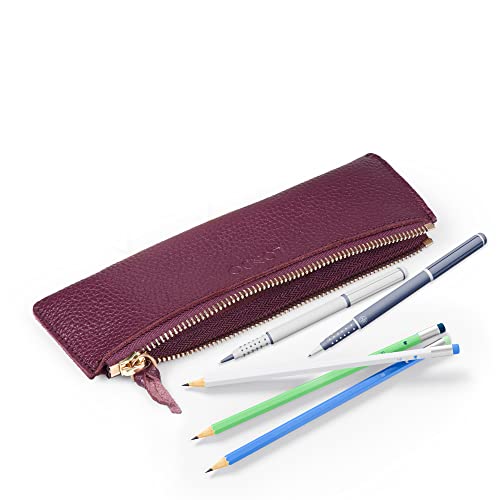 Londo Genuine Leather Pen Case with Zipper Closure, Pencil Pouch Stationery Bag - color: Purple