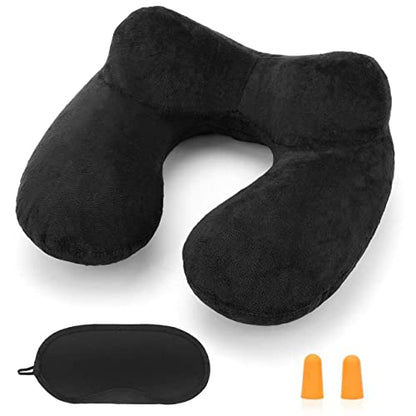 Inflatable Travel Pillow for Airplane Inflatable Neck Pillow for Traveling with Soft Velvet Washable Cover for Sleeping, Airplane,Train, Car, Office, Contoured Eye Masks, Earplugs - color: Black