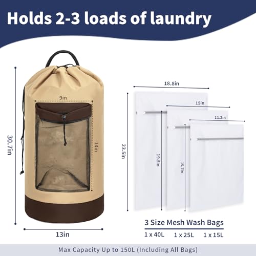 150L Laundry Bag Backpack with 3 Sizes Mesh Wash Bags and Shoulder Straps - color: Khaki, size: 150L
