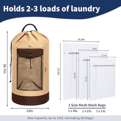 150L Laundry Bag Backpack with 3 Sizes Mesh Wash Bags and Shoulder Straps - color: Khaki, size: 150L