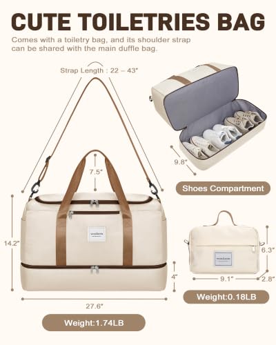 WOOMADA Extra Large Travel Duffle Bag with Shoes Compartment, Women Weekend Carry On Overnight Bag with Detachable Crossbody Bag for Travel, Business, Sports & Hospital(beige) - color: Beige