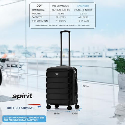 Flight Knight 22x18x10" Expandable Carry On Suitcase Hardside TSA Lock & USB C Port Lightweight Luggage Silent Double Spinner Wheels Maximum Spirit Overhead Carry-On Bag Airlines Approved Black - color: Black, size: 22x18x10"