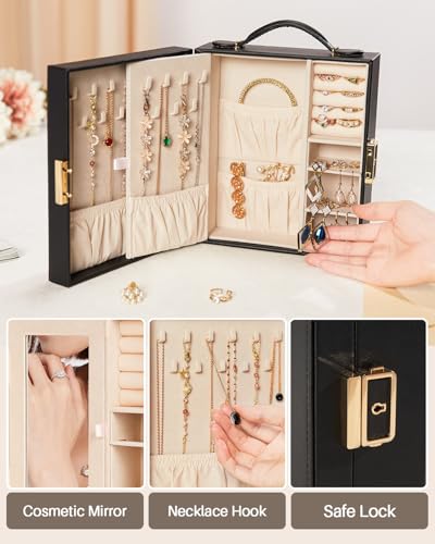 Enthralite Portable Travel Jewelry Case: Jewelry Box with Lock and Mirror - color: Black