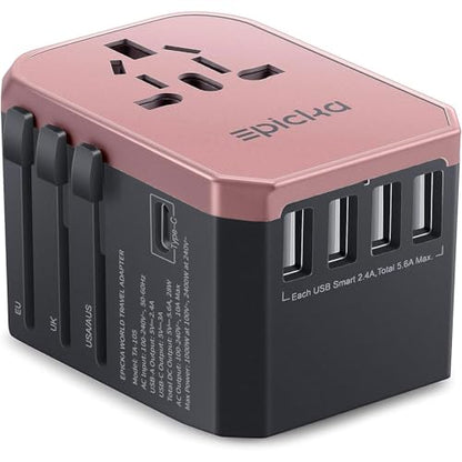 EPICKA Universal Travel Adapter with 1AC/1 USB-C/4 USB-A Ports - color: Rose Gold