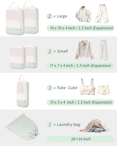Narwey Compression Packing Cubes for Travel, Cute Luggage Organizer Bags - color: ZY-Mint Green Stripe