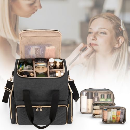 LUXJA Large Travel Makeup Bag with 3 Removable Makeup Cases, Black - color: Black