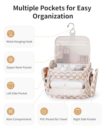 Narwey Hanging Travel Toiletry Bag for Women, Large Makeup Cosmetic Bag - color: A-Brown Checkerboard