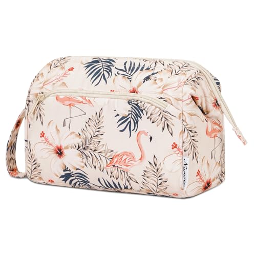 Narwey Travel Makeup Bag Toiletry Bag, Wide Open Cosmetic Bag for Women - color: B-Beige Flamingo, size: Small
