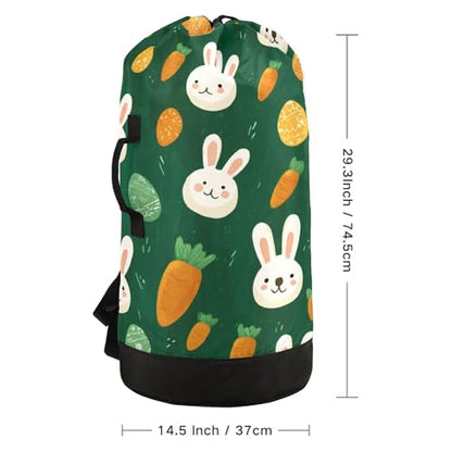 Dark Green Easter Bunny Eggs Carrots Laundry Backpack Bag with Adjustable Shoulder Straps Handle Dirty Laundry Hamper Bag for Traveling Camp College Dorm Heavy Duty Waterproof Large Capacity - color: Dark Green Easter Bunny Eggs Carrots