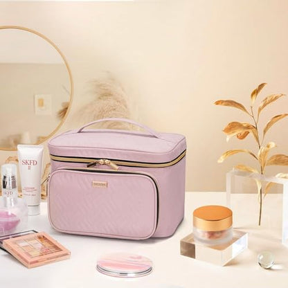Travel Makeup Bag with Jewelry Organizer, Large Cosmetic Case, Waterproof Toiletry Bag for Cosmetics, Brushes, and Tools, Pink - color: Pink