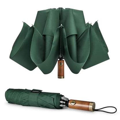 G4Free 54 Inch Inverted Windproof Umbrella with Wooden Handle Rain Umbrella - color: Dark Green