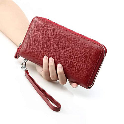 Moflycom Womens Wallet RFID Blocking Genuine Leather Zip Clutch Wristlet - color: Deep Red