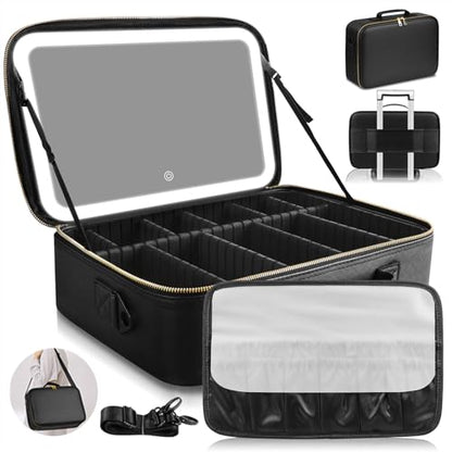 15''X11'' Large Capacity Makeup Bag with LED Mirror, Professional Makeup Case Organizer with 3 Color Light Adjustable Brightness, Travel Make up Cosmetic Case with Detachable Dividers & Shoulder Strap - color: Black, style: Integrated