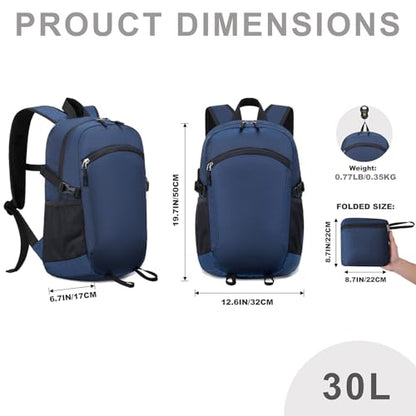 Lightweight Hiking Backpack 30L Packable Foldable Daypack Collapsible Travel Bag Water-Resistant for Women Men (Navy Blue) - color: Navy Blue, size: Large
